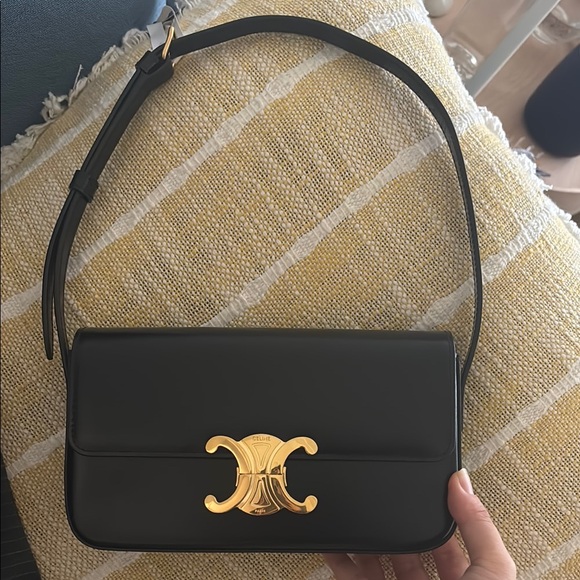 Celine Handbags - Celine Triomphe (Claude) Black Leather Calfskin Shoulder Bag (2024)